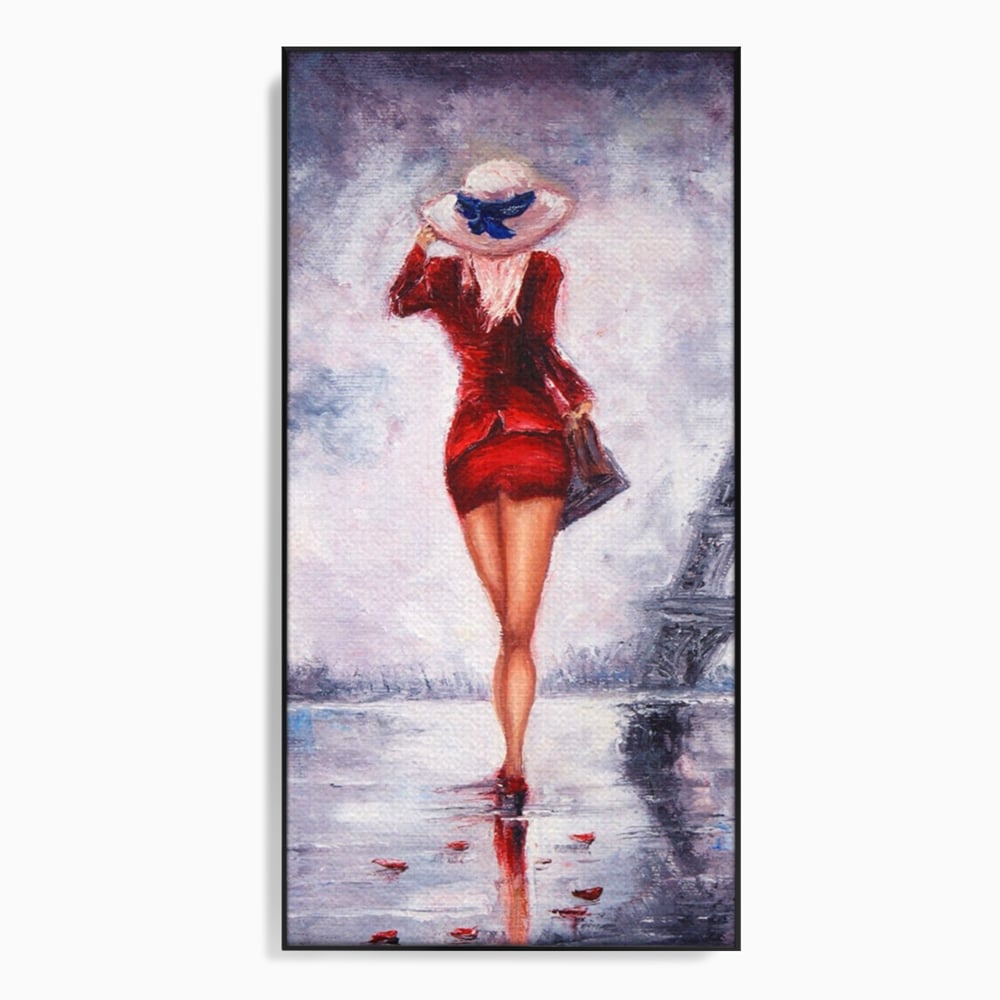 Tablou canvas cu pictura cu femeie in rochie rosie, in rama de aluminiu negru